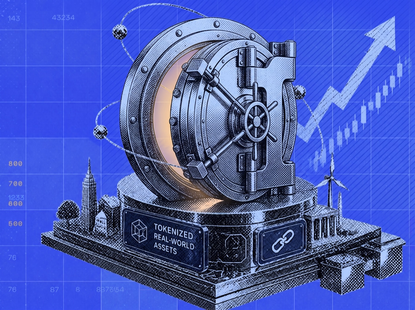 Engraved bank vault statue on a pedestal labeled Tokenized Real-World Assets